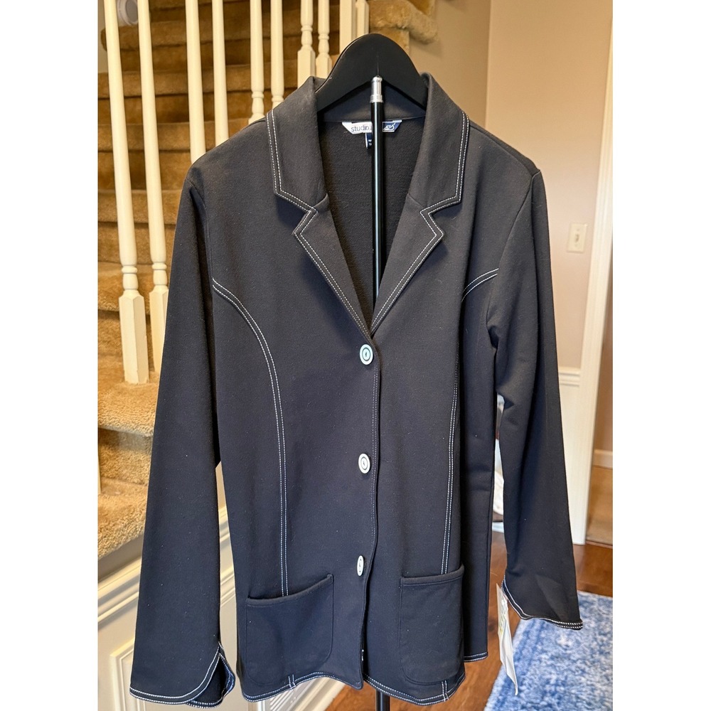 Studio Black Knit Blazer White Contrast Stitching NWT Medium